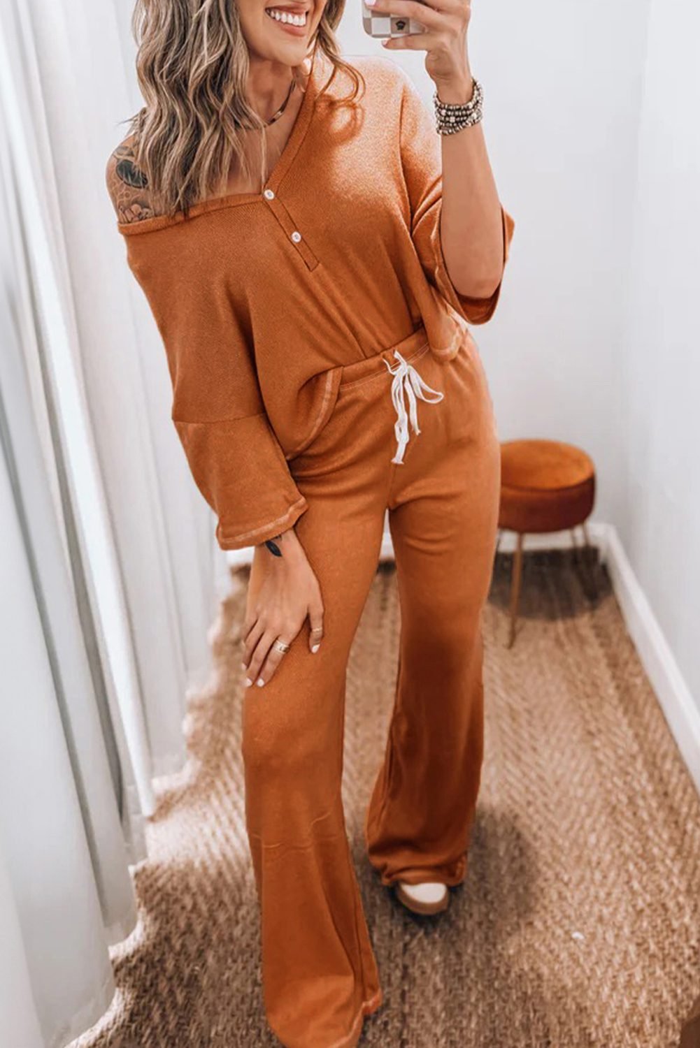 Grapefruit Orange Contrast Stitching Buttoned V Neck Half Sleeve Top And Drawstring Flare Pants Set