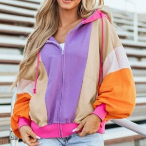 Grapefruit Orange Oversized Colorblock Patchwork Full Zipped Hoodie
