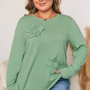 Grass Green Flower Applique Mineral Wash Plus Size Top