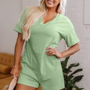 Grass Green Loose Half Sleeve V Neck Knit Romper