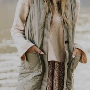 Grass Green Quilted Long Vest Jacket With Pockets