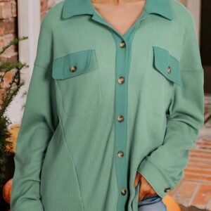 Grass Green Waffle Knit Vintage Patchwork Button Up Loose Shirt