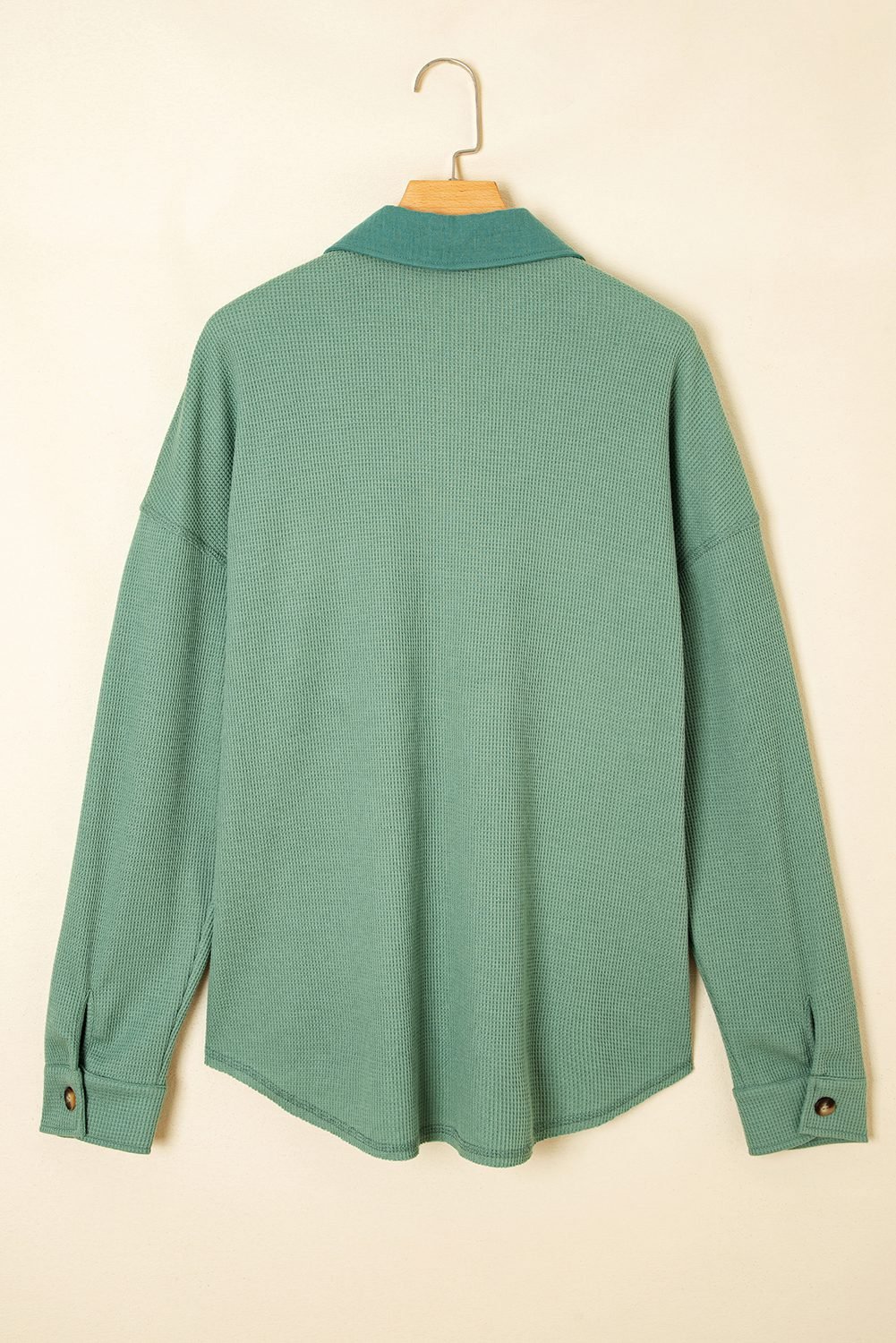Grass Green Waffle Knit Vintage Patchwork Button Up Loose Shirt