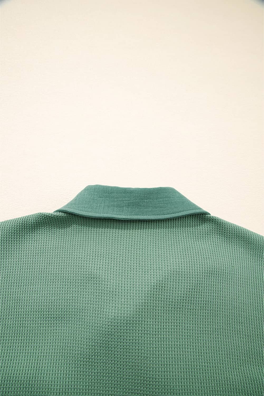 Grass Green Waffle Knit Vintage Patchwork Button Up Loose Shirt