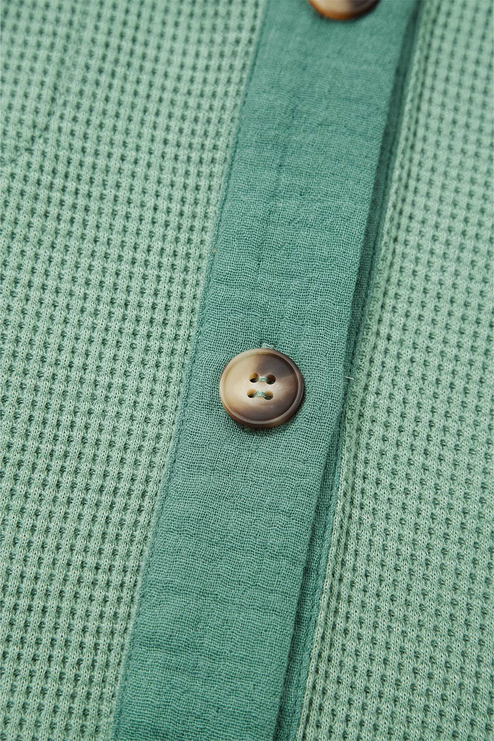 Grass Green Waffle Knit Vintage Patchwork Button Up Loose Shirt