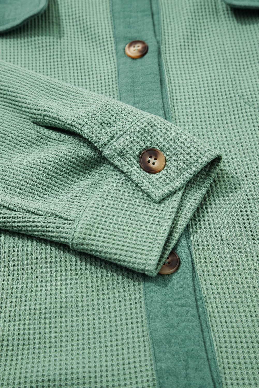 Grass Green Waffle Knit Vintage Patchwork Button Up Loose Shirt