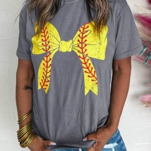 Gray Baseball Bowknot Graphic Casual Tee