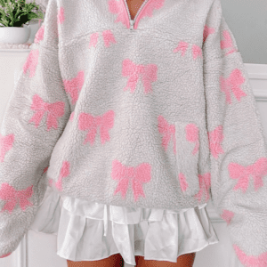 Gray Bow Sherpa Quarter Zip Drop Shoulder Baggy Sweatshirt