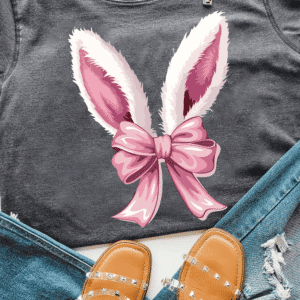 Gray Bunny Ear Bow Printed Easter Fashion T Shirt