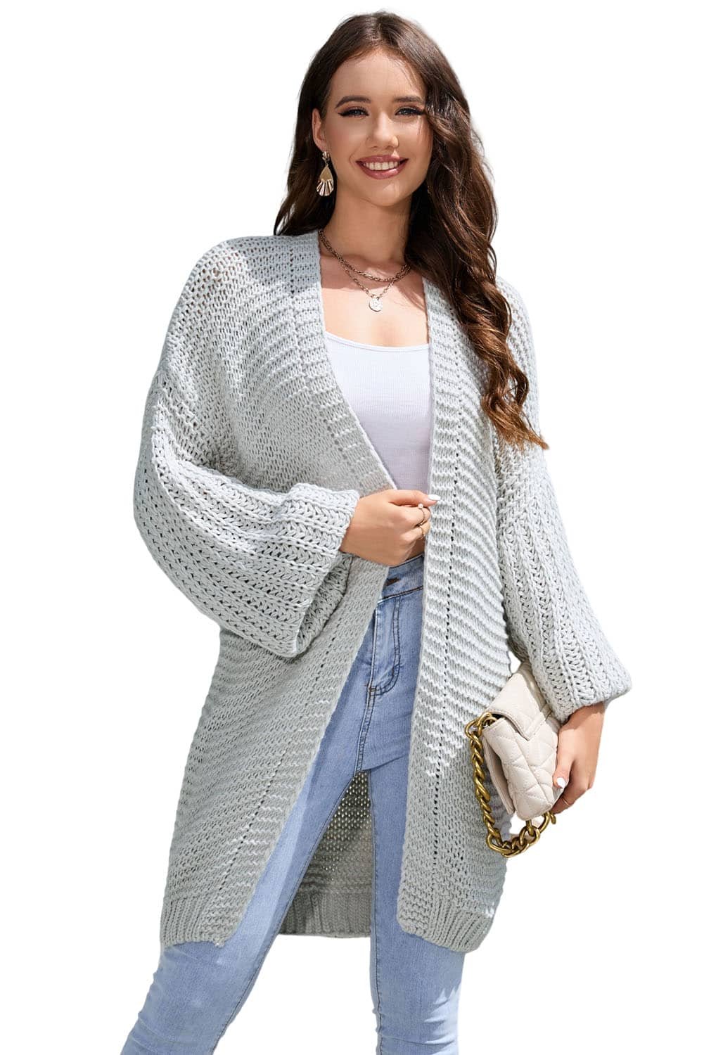Gray Chunky Oversize Knit Drop Shoulder Puff Sleeve Cardigan