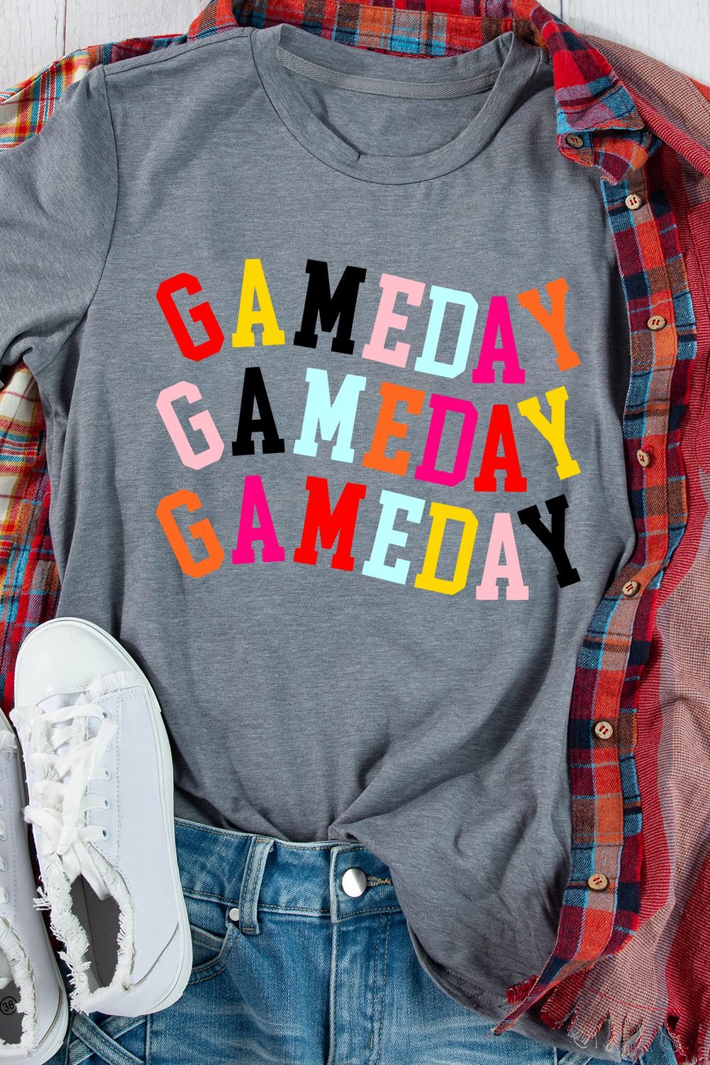 Gray Colorful Game Day Graphic Crew T Shirt