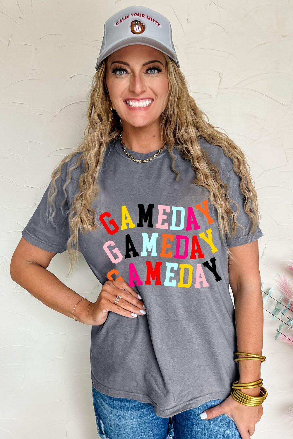 Gray Colorful Game Day Graphic Crew T Shirt