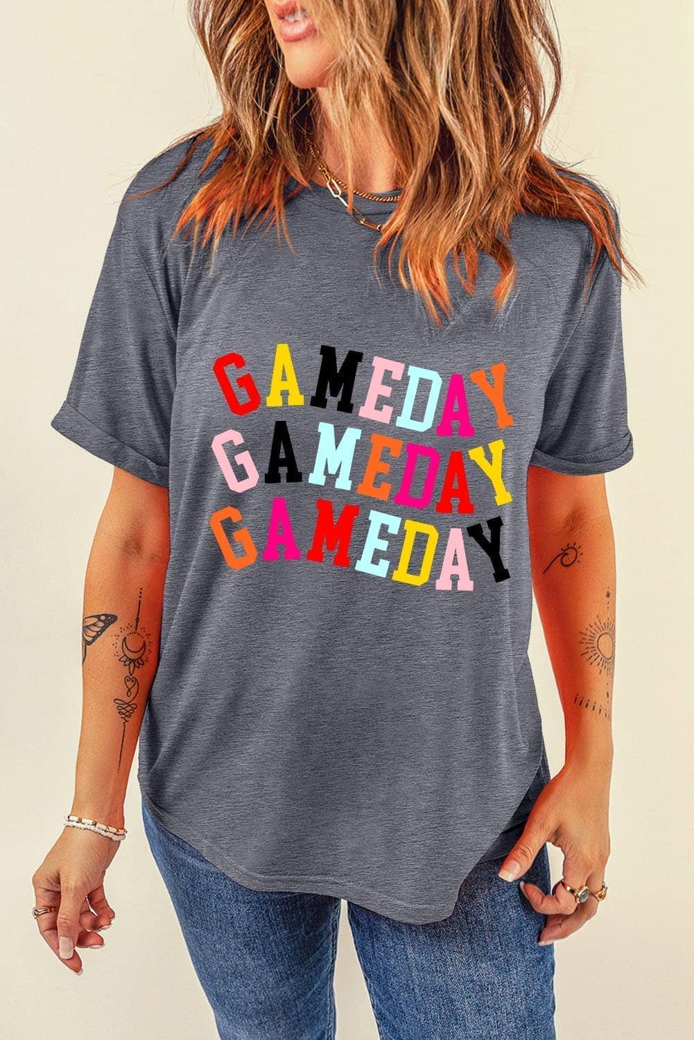 Gray Colorful Game Day Graphic Crew T Shirt