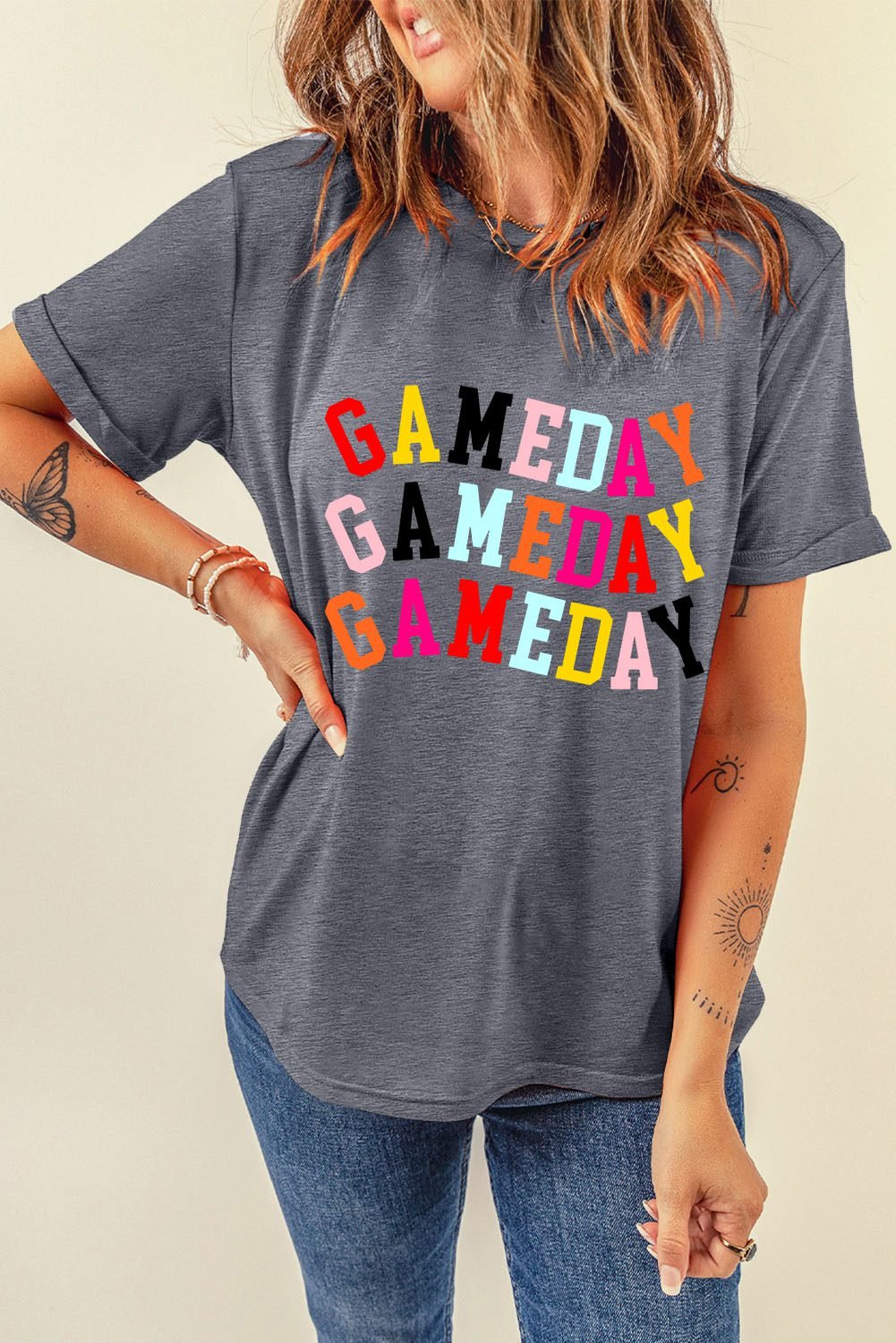 Gray Colorful Game Day Graphic Crew T Shirt