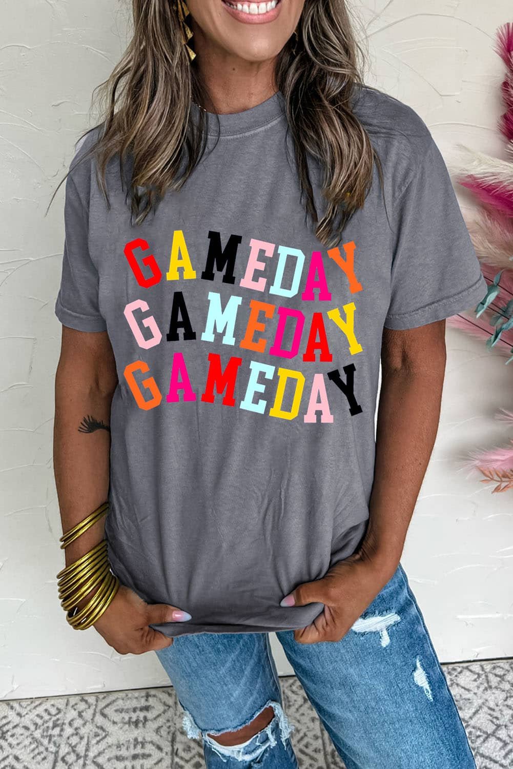 Gray Colorful Game Day Graphic Crew T Shirt