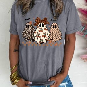 Gray Cute Halloween Ghost Printed Womens Casual Tee