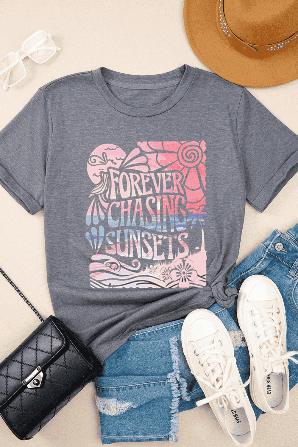 Gray Forever Chasing Sunsets Graphic Summer T Shirt