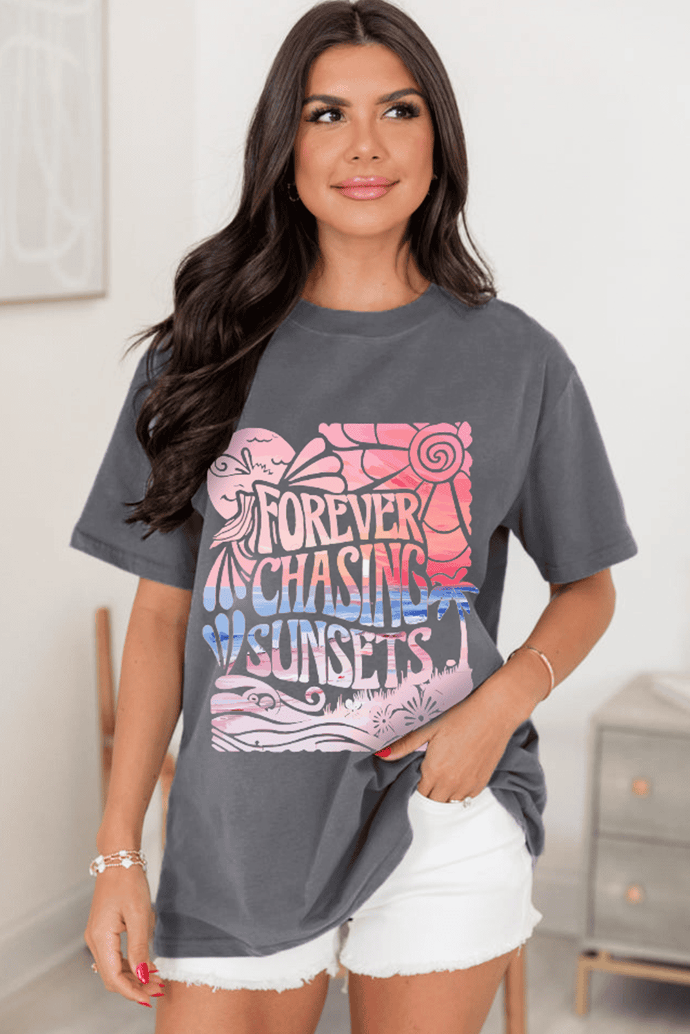 Gray Forever Chasing Sunsets Graphic Summer T Shirt