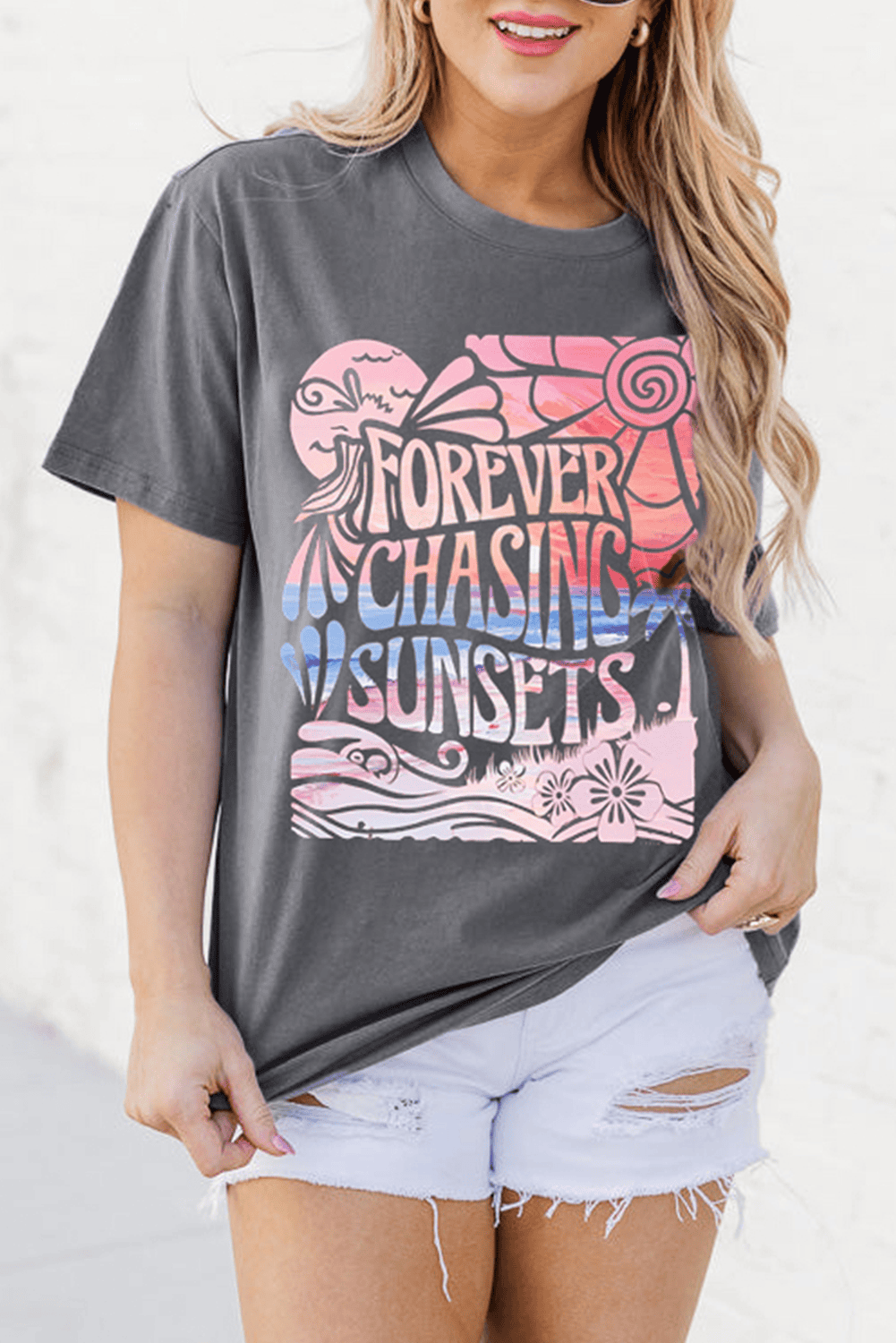 Gray Forever Chasing Sunsets Graphic Summer T Shirt