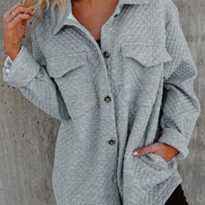 Gray Lattice Texture Retro Flap Pocket Button Shacket