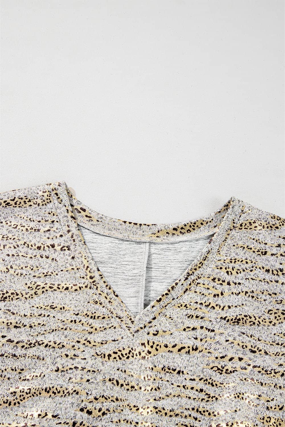 Gray Leopard Print Half Sleeve V Neck Loose Fit T Shirt