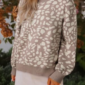 Gray Leopard Spots Pattern Ribbed Trim Drop Shoulder Sweater