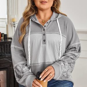 Gray Mixed Pattern Waffle Knit Patchwork Half Buttons Plus Hooded Top