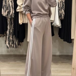 Gray Morn Varsity Striped Detail Crewneck Pullover Elastic Sweatpants 2Pcs Outfit