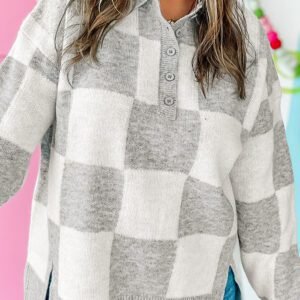 Gray Plus Size Checkered Pattern Button Polo Collar Split Sweater