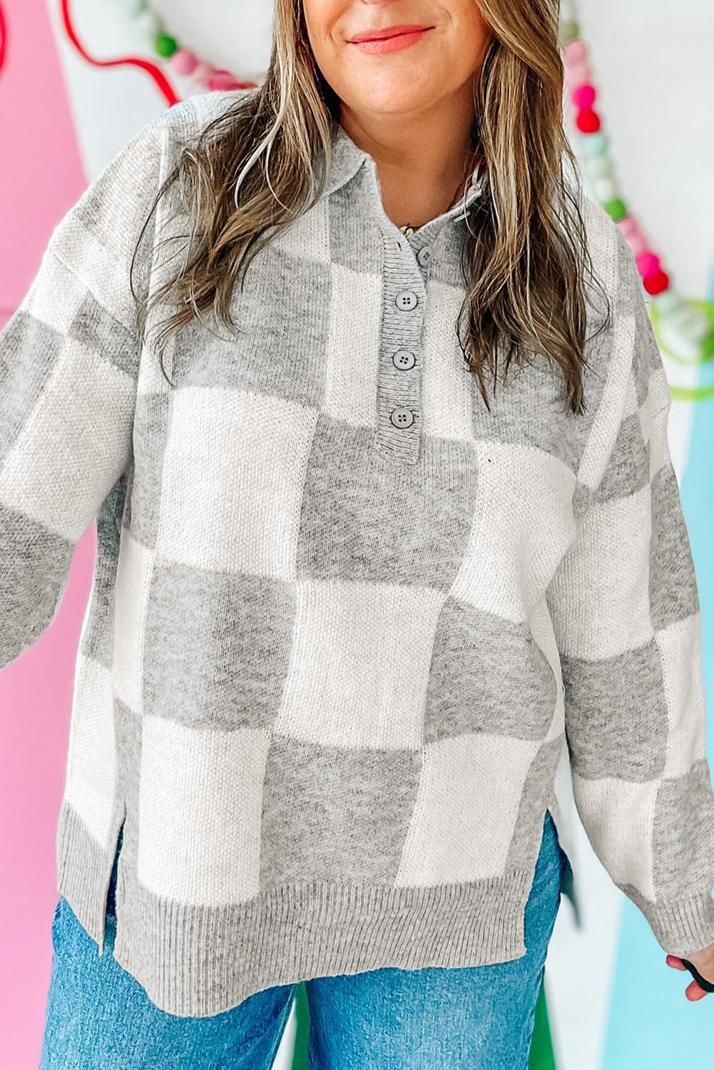 Gray Plus Size Checkered Pattern Button Polo Collar Split Sweater