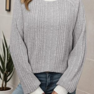 Gray Ribbed Contrast Cuffed Round Neck Long Sleeve T Shirt