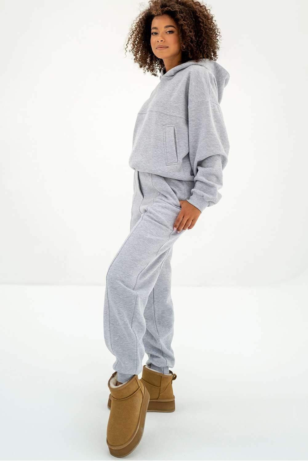 Gray Solid Exposed Seams Hoodie And Joggers Activewear Set