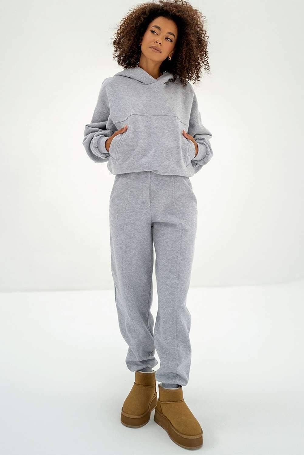 Gray Solid Exposed Seams Hoodie And Joggers Activewear Set