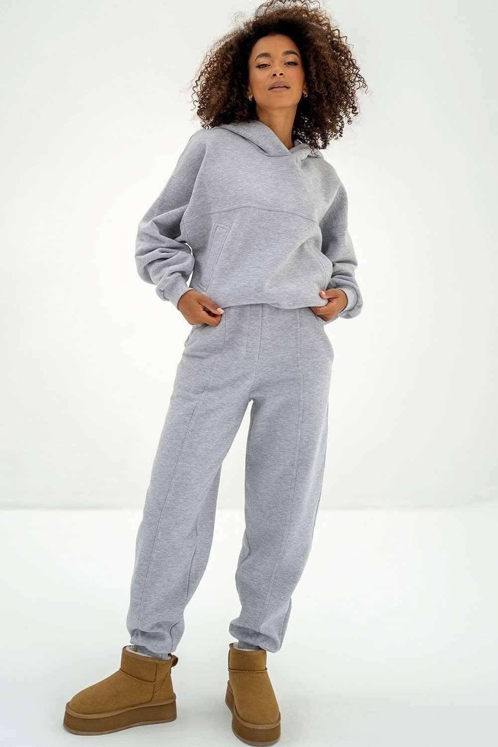 Gray Solid Exposed Seams Hoodie And Joggers Activewear Set