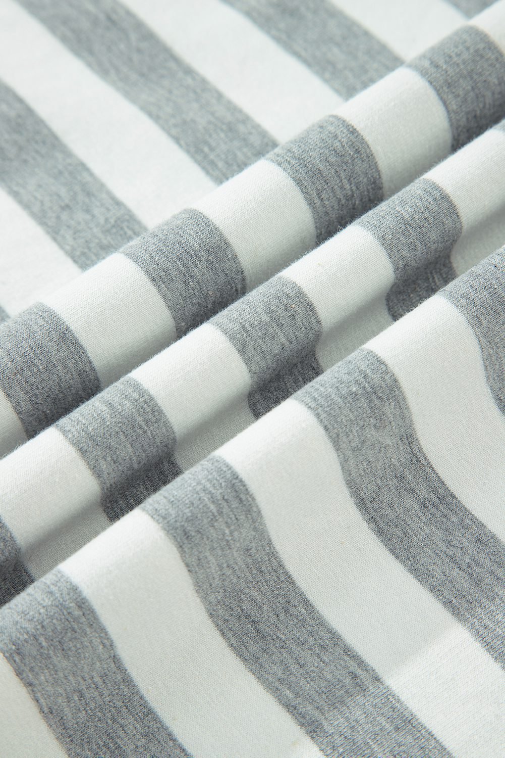 Gray Stripe Contrast Ribbed Banding Long Sleeve Blouse Loose Shorts Set