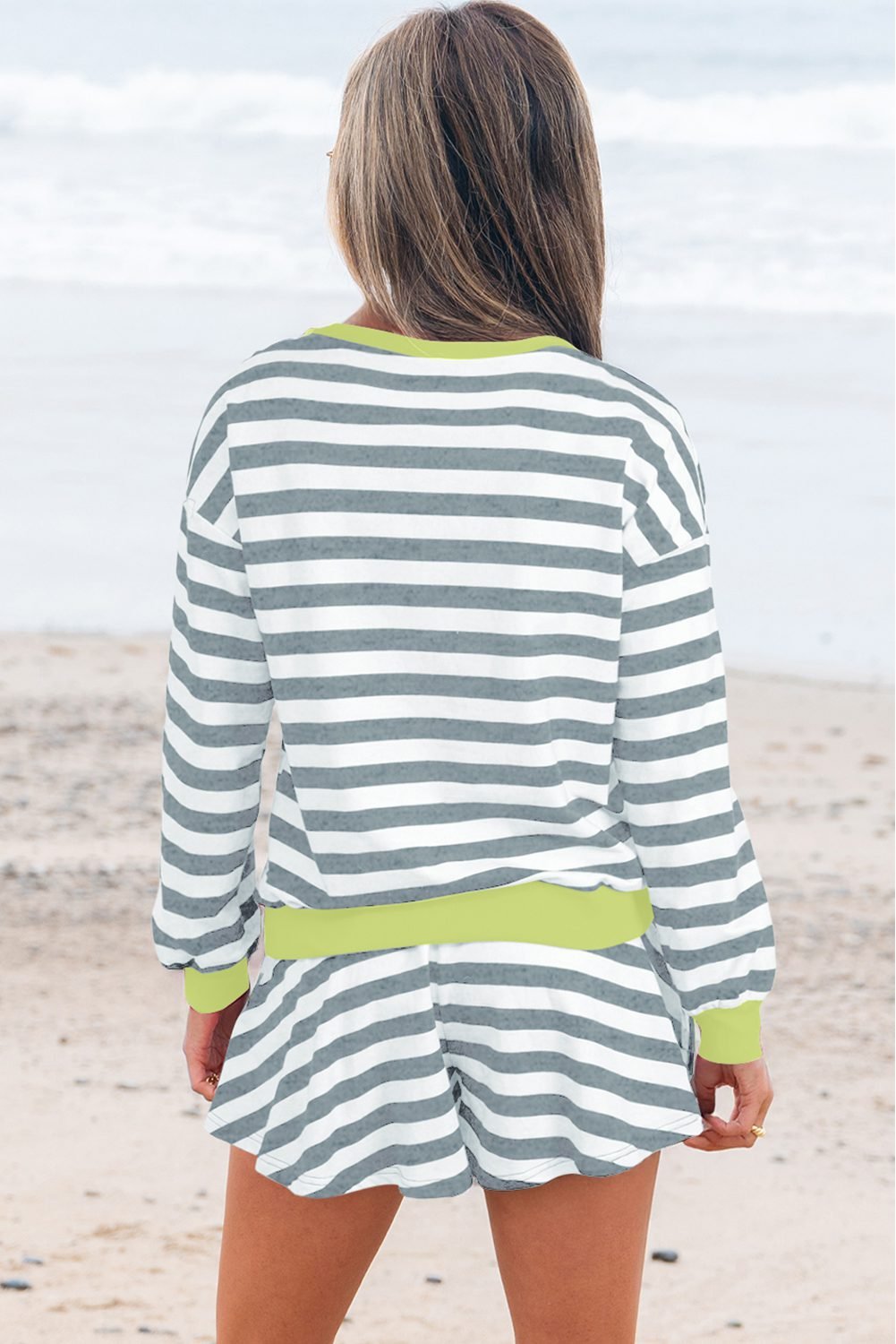 Gray Stripe Contrast Ribbed Banding Long Sleeve Blouse Loose Shorts Set