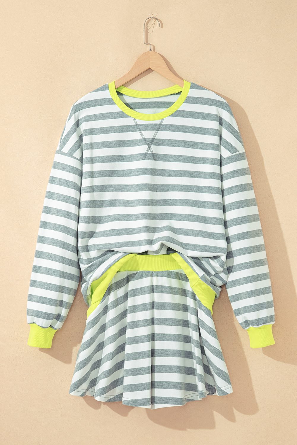 Gray Stripe Contrast Ribbed Banding Long Sleeve Blouse Loose Shorts Set
