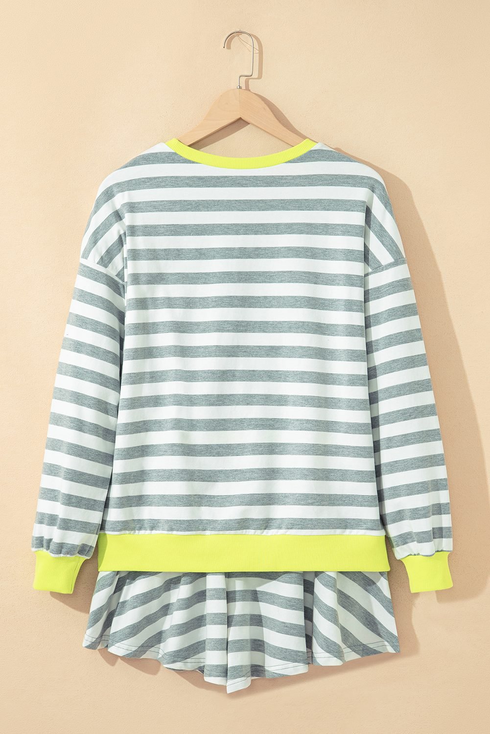 Gray Stripe Contrast Ribbed Banding Long Sleeve Blouse Loose Shorts Set