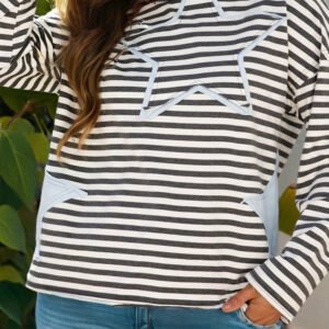 Gray Stripe Contrast Star Stitched Plus Size Long Sleeve Top