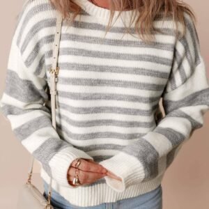 Gray Stripe Drop Shoulder Crew Neck Sweater