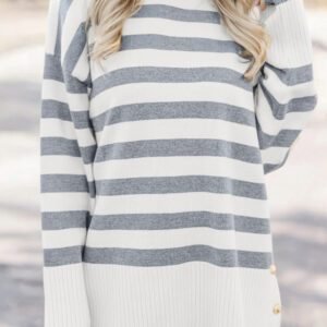 Gray Stripe Ribbed Buttoned Detail Drop Shoulder Tunic Sweater