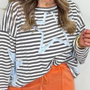 Gray Stripe Starry Patch Drop Shoulder Raw Edge Casual Knit Top