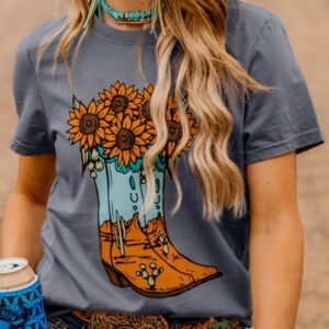 Gray Sunflower Cowgirl Boots Print Western Fashion T Shirt