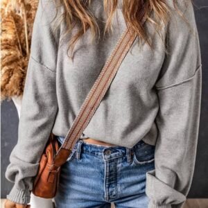 Gray Turtleneck Drop Shoulder Bubble Sleeve Knit Sweater