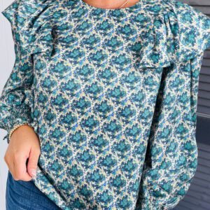 Green Abstract Print Shirred Cuff Puff Sleeve Blouse