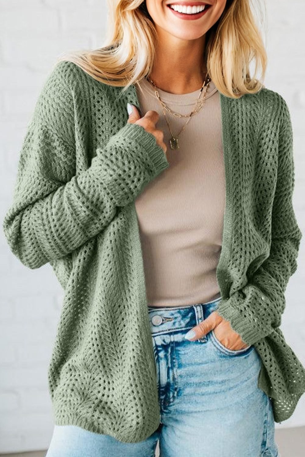 Green Bay Scalloped Edge Eyelet Knit Batwing Sleeve Cardigan