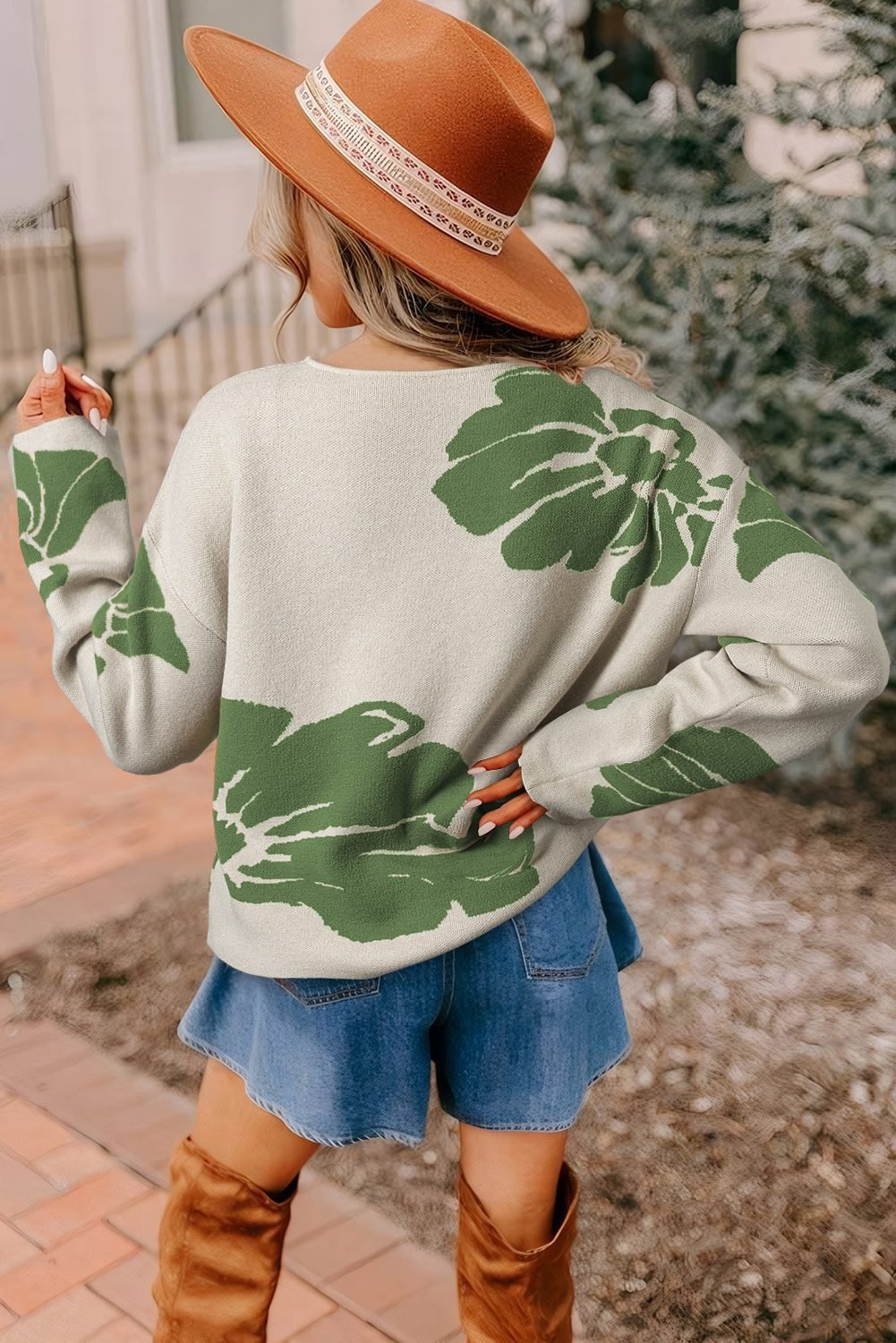 Green Bold Flower Pattern Wide Sleeve Baggy Sweater