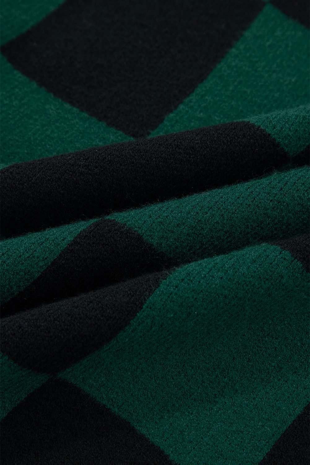Green Checked Notched Neckline Drop Shoulder Knit Sweater