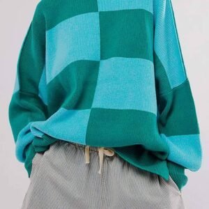Green Checkered Side Slits Drop Shoulder Oversized Sweater