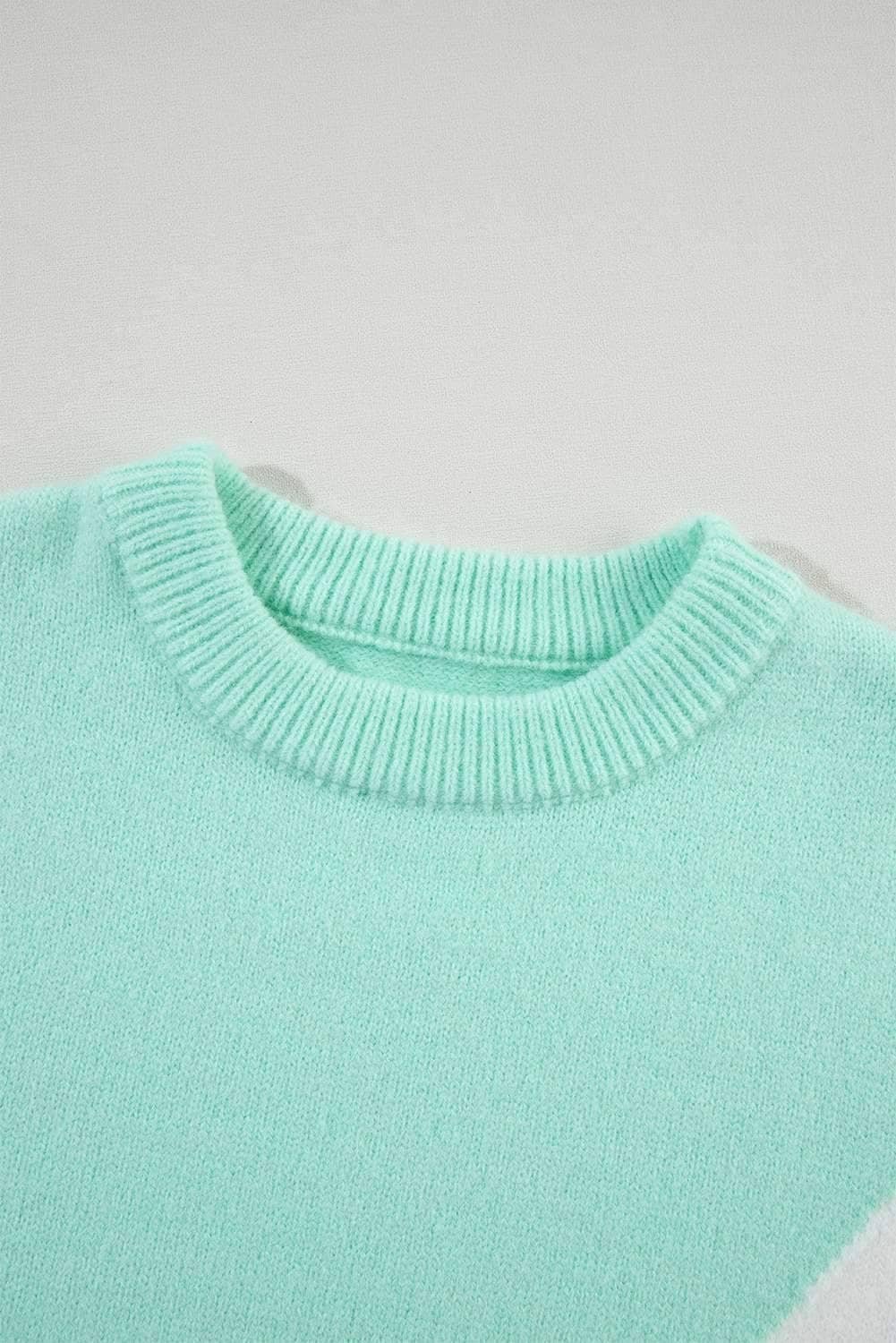 Green Chevron Colorblock Ribbed Knit Drop Shoulder Sweater